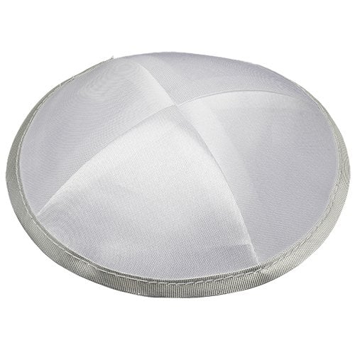 White Satin Four Panel Kippah with Silver Border Ribbon