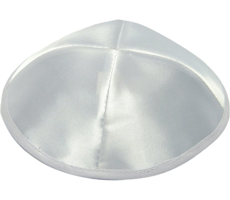 White Satin Kippah - White Ribbon Around Base