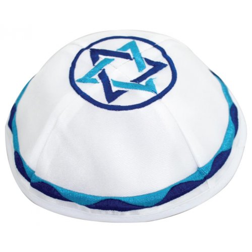 White Satin Kippah with Blue Star of David Embroidery