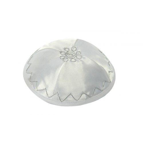 White Satin Kippah with Silver Diagonal Design