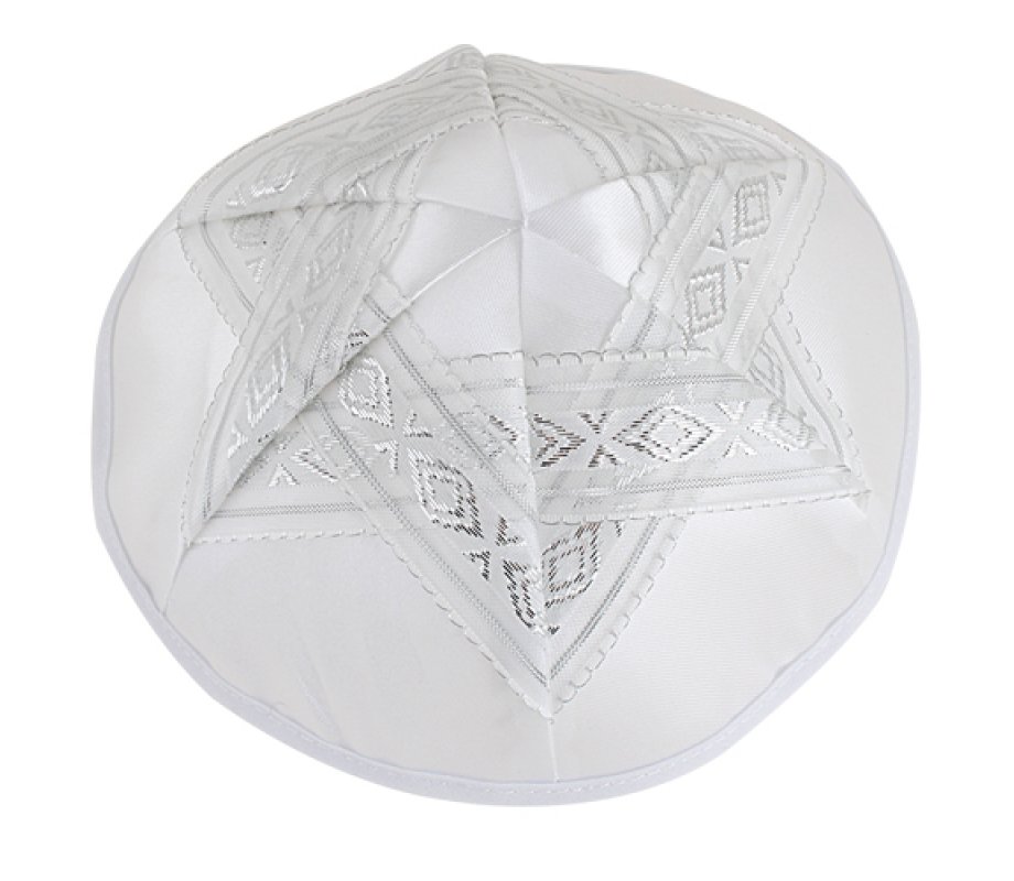 White Satin Kippah with Silver Ribbon Star of David Design