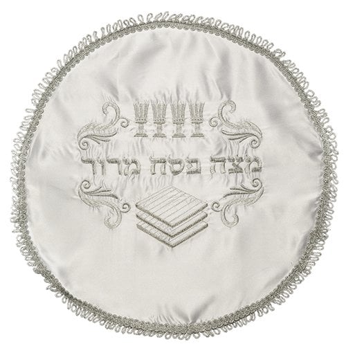 White Satin Matzah Cover with Silver Embroidered Passover Symbols