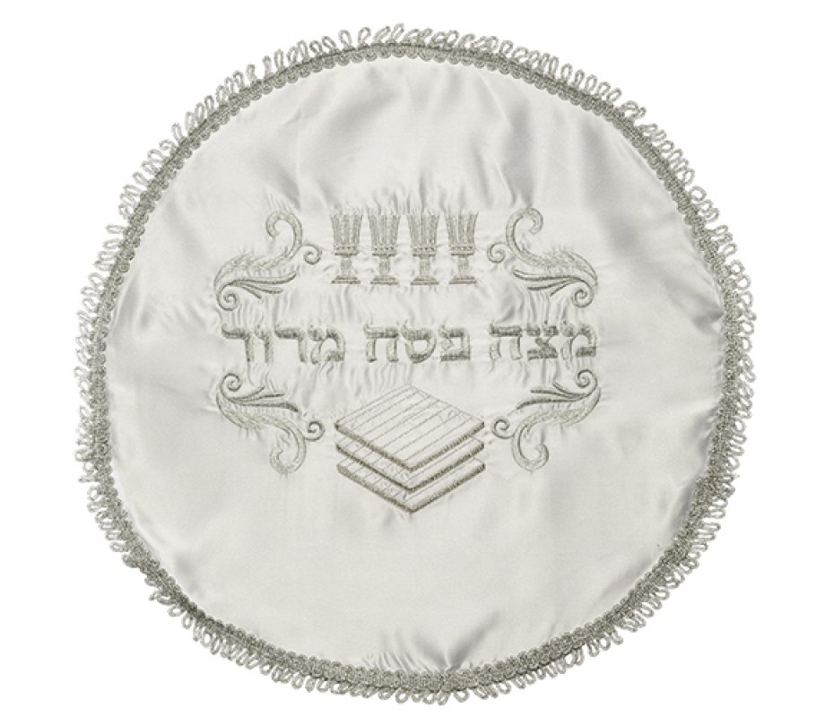 White Satin Matzah Cover with Silver Embroidered Passover Symbols