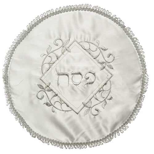 White Satin Passover Matzah Cover with Silver Embroidered Diamond with Leaf Motif
