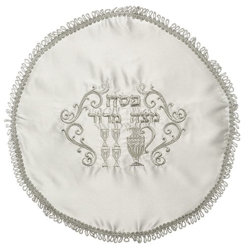 White Satin Passover Matzah Cover with Silver Embroidered Pesach Symbols