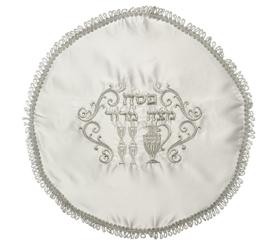 White Satin Passover Matzah Cover with Silver Embroidered Pesach Symbols