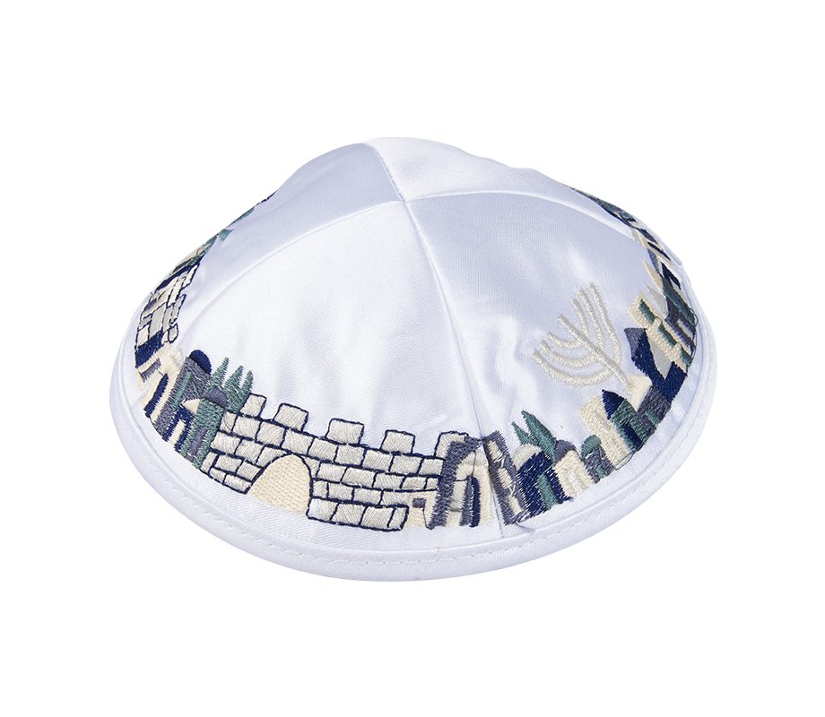White Satiny Kippah with Attached Clip and Embroidered Jerusalem Design
