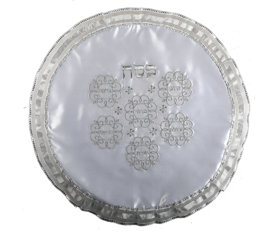 White Satiny Matzah Cover - Silver Embroidered Curlique Seder Plate Design
