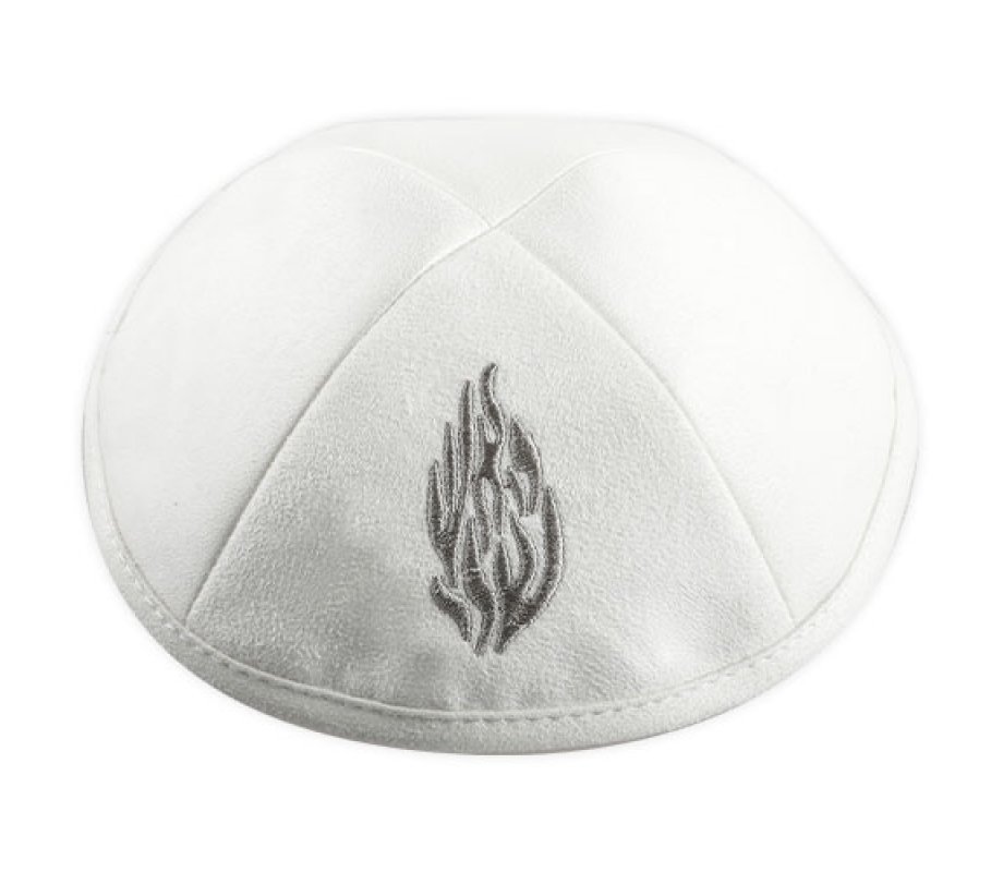 White Suede Kippah with Breslav Flames Image My Fire Ha'Esh Sheli in Silver