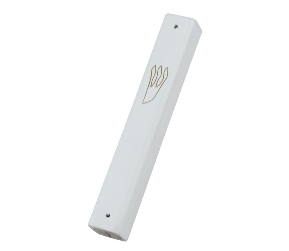 White Wood Mezuzah Case with Gold Shin Outline
