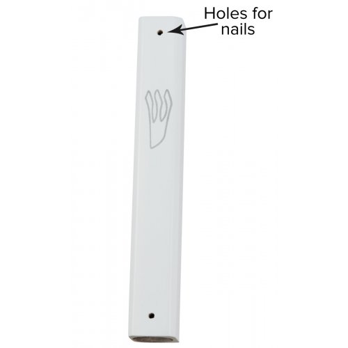 White Wood Mezuzah Case with Silver Shin Outline