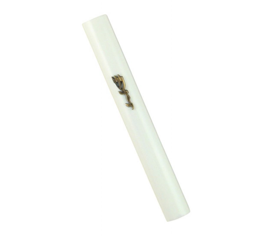 White Wood Rounded Mezuzah Case – Divine Name Decoration in Gold Pewter