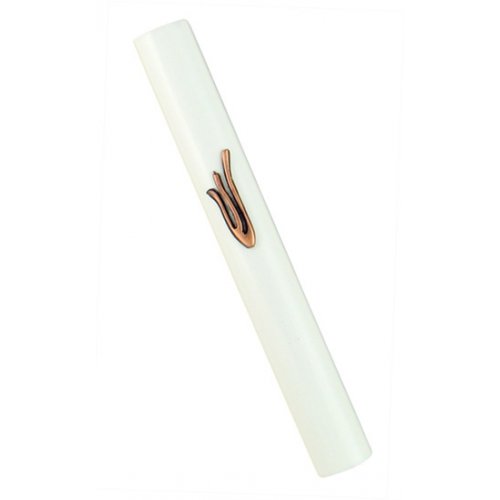 White Wood Rounded Mezuzah Case – Flame Image Shin in Bronze Pewter