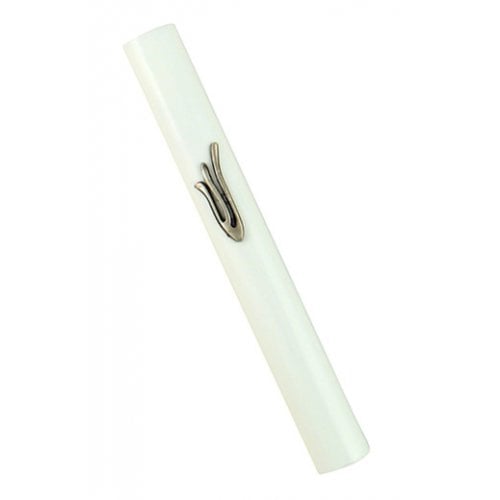 White Wood Rounded Mezuzah Case – Flame Image Shin in Silver Pewter