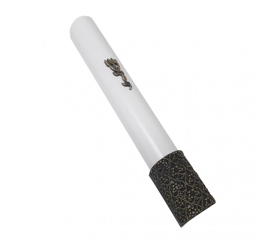 White Wood Rounded Mezuzah Case, Divine Name and Filigree Design in Gold Pewter