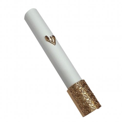 White Wood Rounded Mezuzah Case, Gold Pewter Shin and Filigree Design at Base