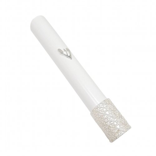 White Wood Rounded Mezuzah Case, Shin and Filigree Design in Sterling Silver