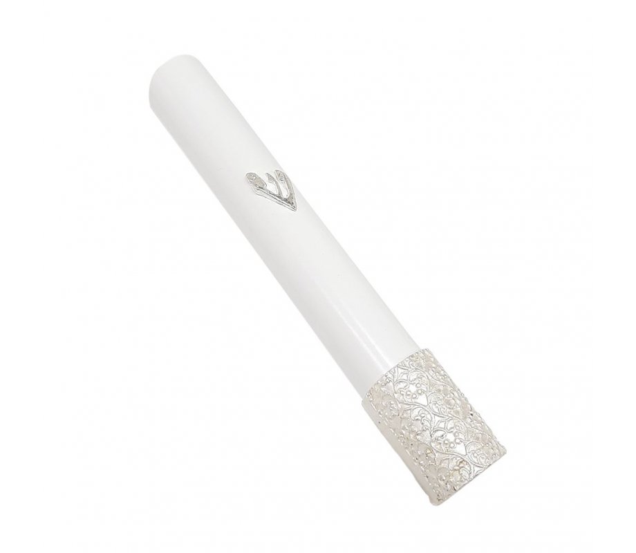 White Wood Rounded Mezuzah Case, Shin and Filigree Design in Sterling Silver