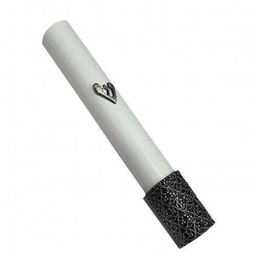 White Wood Rounded Mezuzah Case, Silver Pewter Shin and Filigree Design