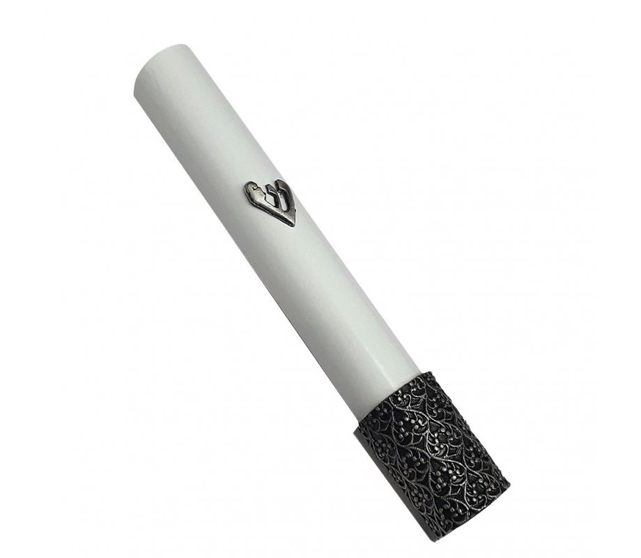 White Wood Rounded Mezuzah Case, Silver Pewter Shin and Filigree Design
