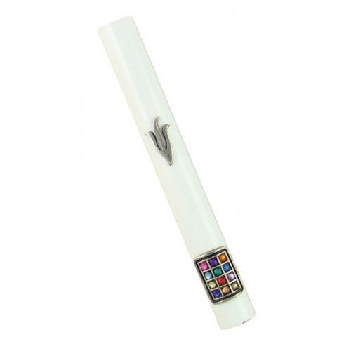 White Wood Rounded Mezuzah Case with Silver Pewter Shin and Colored Breastplate