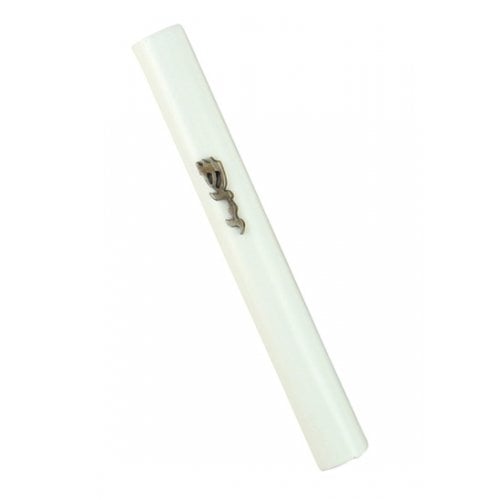 White Wood Rounded Mezuzah, Divine Name in Silver Pewter