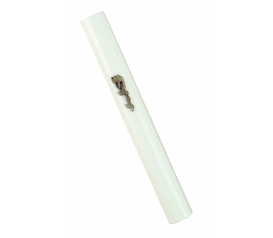White Wood Rounded Mezuzah, Divine Name in Silver Pewter
