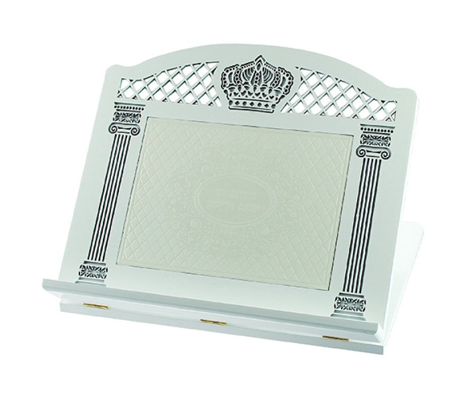 White Wood Table Shtender - Crown and Pillars Design with Faux Leather Plaque