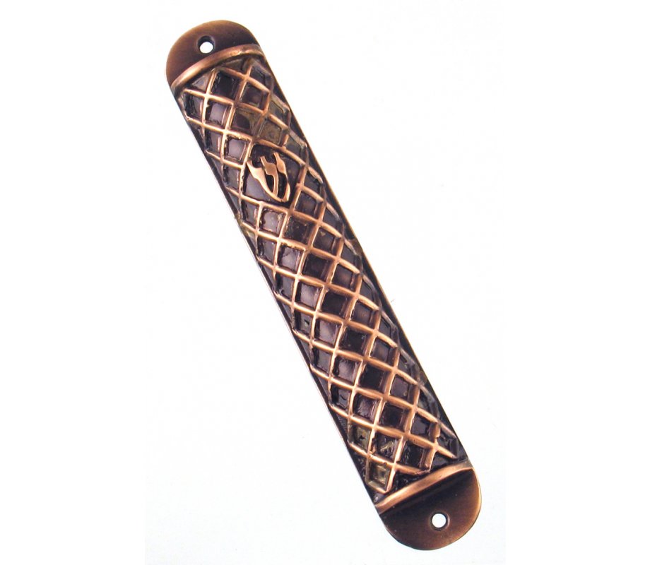 Wide Copper Color Pewter Mezuzah Case - Criss-Cross Design