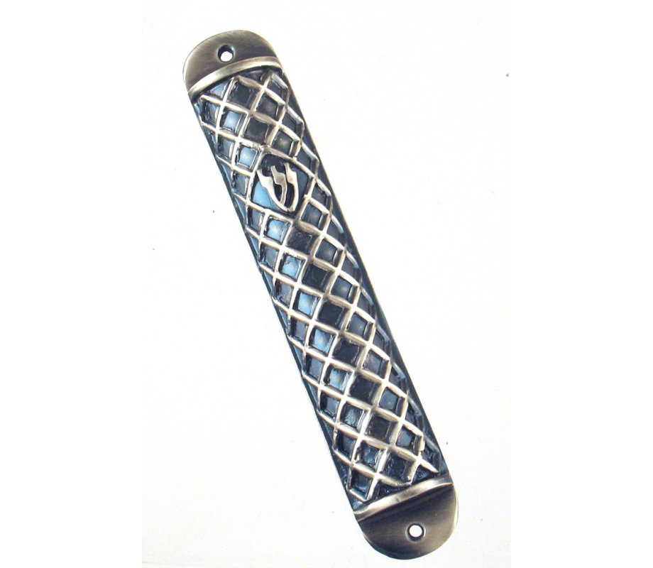 Wide Pewter Mezuzah Case Criss Cross Design