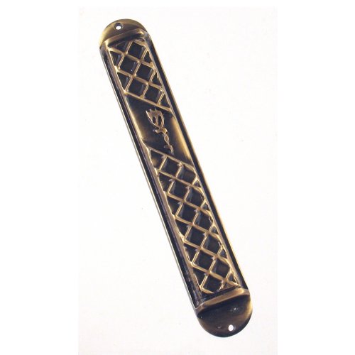 Wide Square Pewter Mezuzah Case  gold criss-cross Design