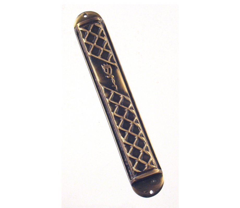 Wide Square Pewter Mezuzah Case – gold criss-cross Design