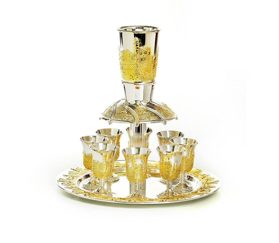 Wine Fountain with 8 Cups on Tray - Silver Plated with Gold David Citadel Design