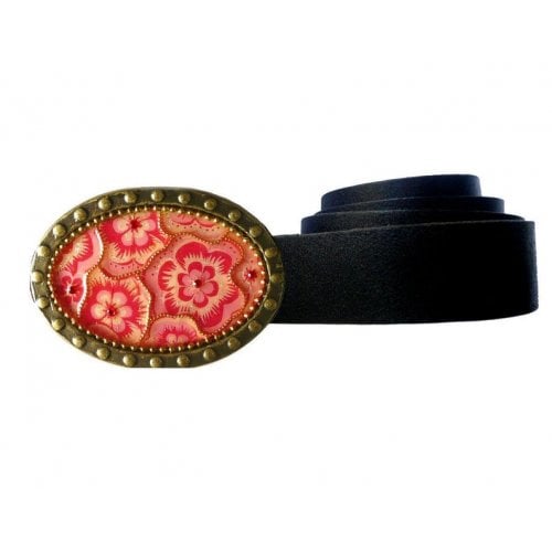 Woman's Belt with Oval Pink Flower Design Buckle by Iris Design