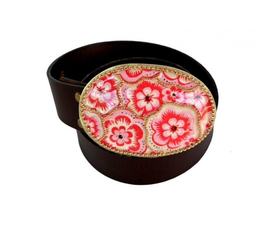 Woman's Belt with Oval Pink Flower Design Buckle by Iris Design