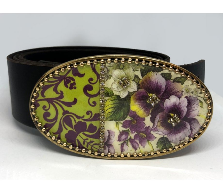 Woman's Belt with Purple Flower Design Buckle by Iris Design