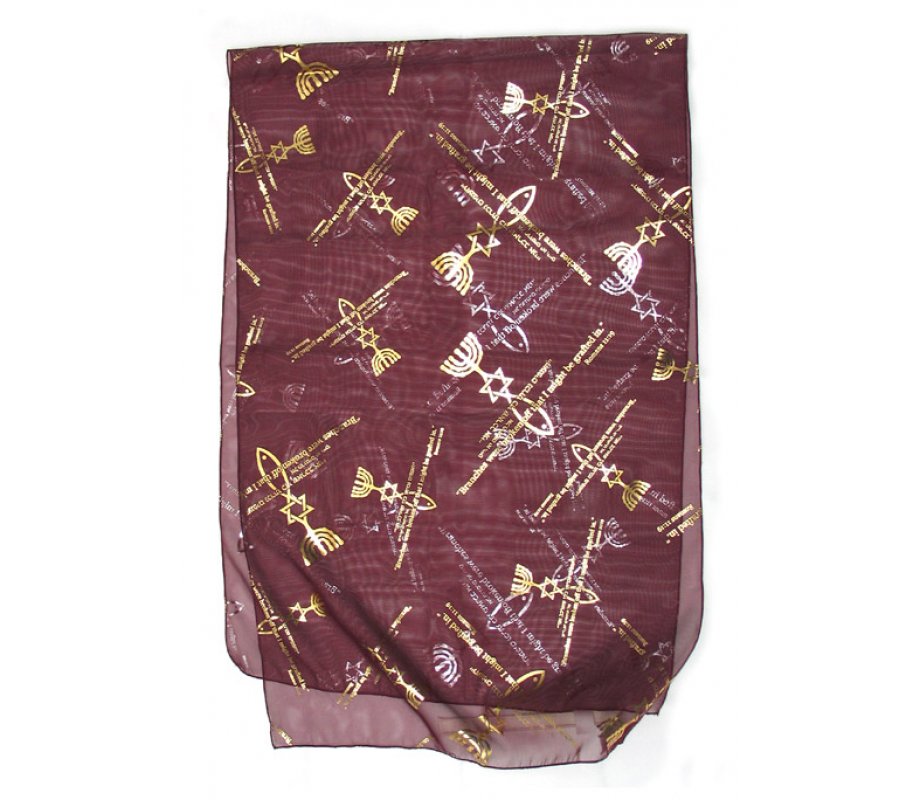 Womans Head Covering with Menorah, Star of David and Fish Design - Maroon