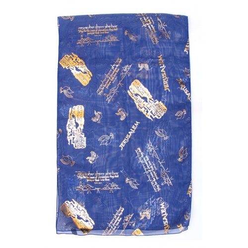 Womans Head Scarf Gold Jerusalem Images with Dove, Lion & Psalm Verse  Blue