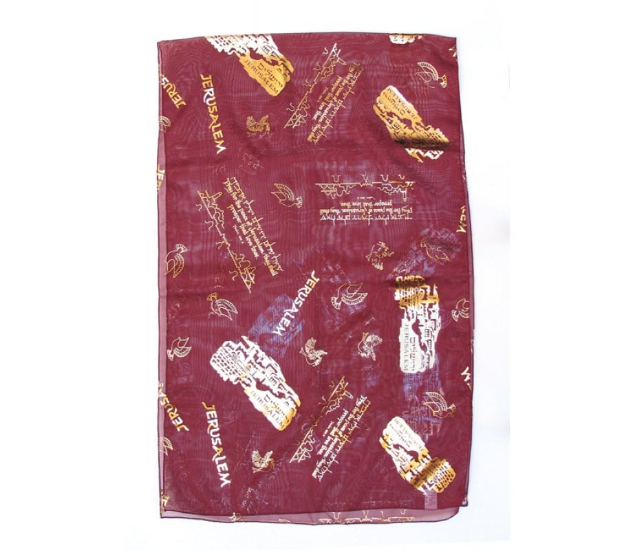 Womans Head Scarf Gold Jerusalem Images with Dove, Lion & Psalm Verse  Maroon