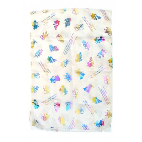 Womans Head Scarf, Seven Species Images and Biblical Verse  White
