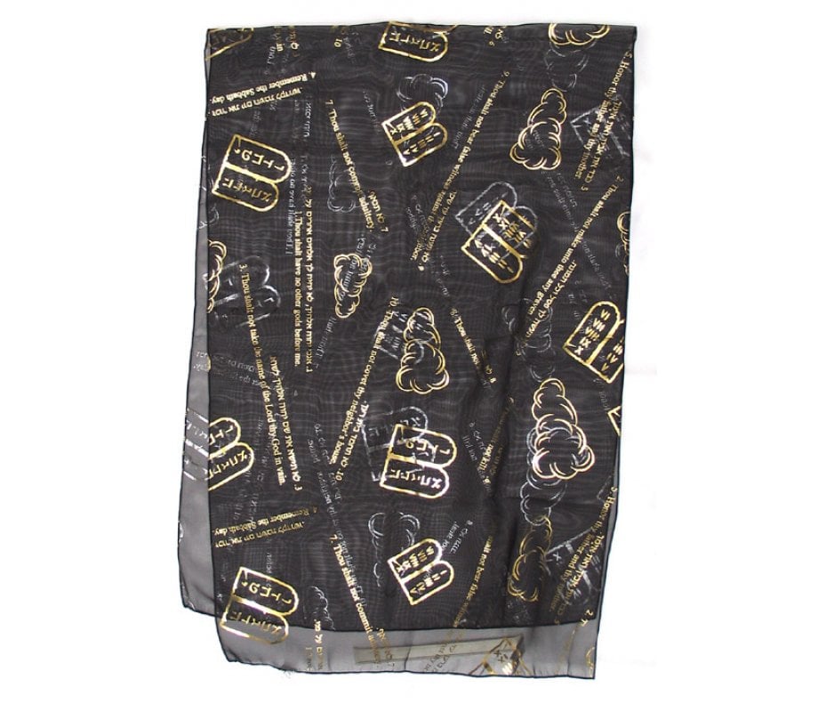 Womans Head Scarf, Ten Commandments and Tablets in Hebrew and English - Black