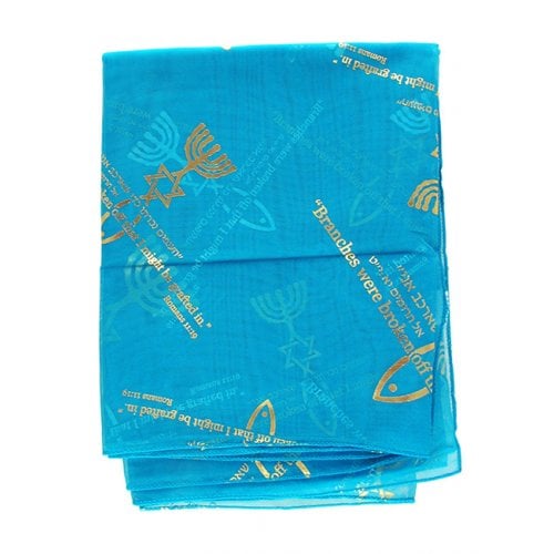 Woman's Head Scarf with Menorah, Star of David & Fish Design - Blue or Turquoise