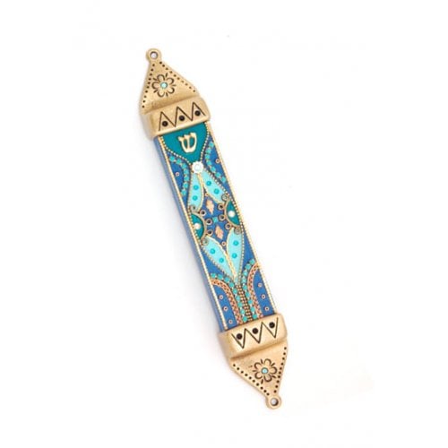 Wood & Pewter Mezuzah Blue and Green by Ester Shahaf