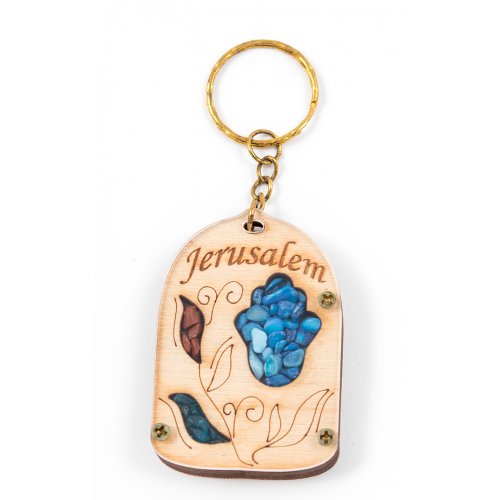 Wood Jerusalem Key Chain with Semi-Precious Stones - Leaf and Hamsa Design