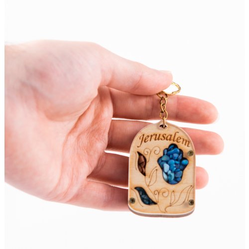 Wood Jerusalem Key Chain with Semi-Precious Stones - Leaf and Hamsa Design