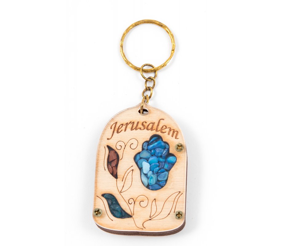 Wood Jerusalem Key Chain with Semi-Precious Stones - Leaf and Hamsa Design