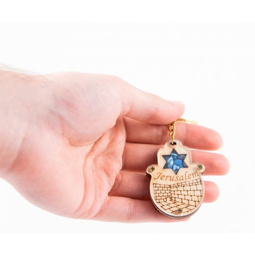 Wood Jerusalem Keychain with Semi Precious Stones - Star of David and Kotel