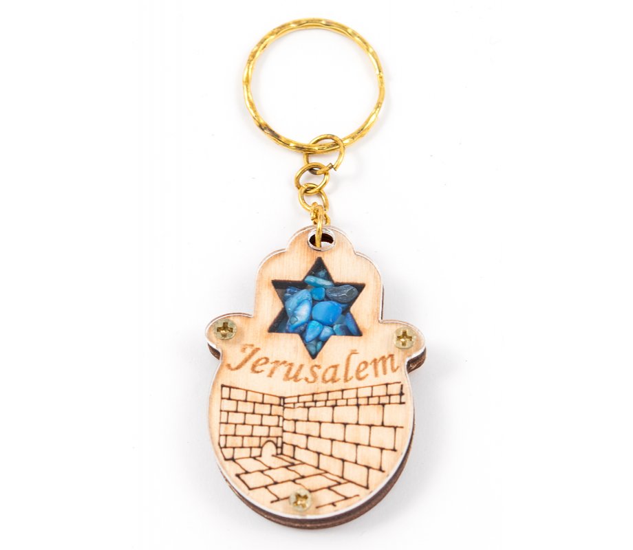 Wood Jerusalem Keychain with Semi Precious Stones - Star of David and Kotel