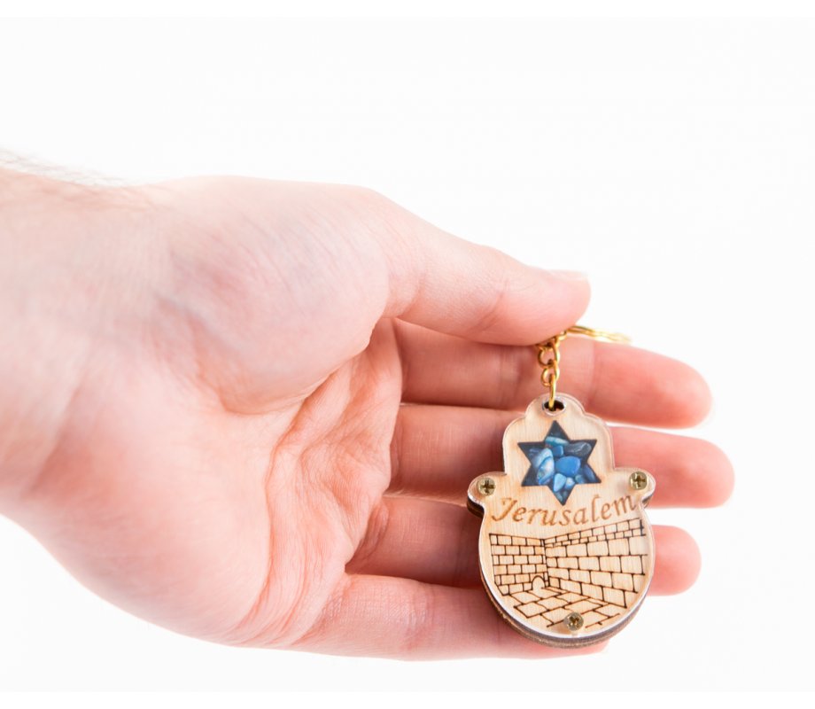 Wood Jerusalem Keychain with Semi Precious Stones - Star of David and Kotel