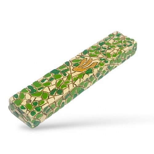 Wood Mezuzah Case with Mosaic Design - Green and Yellow with Gold Shin